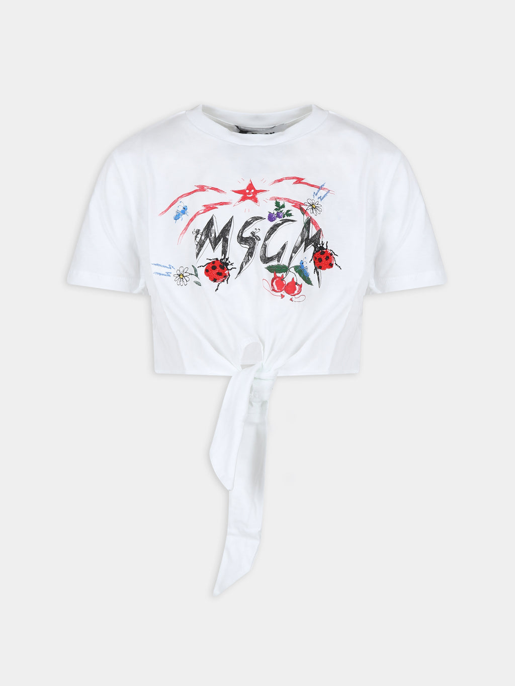 White crop t-shirt for girl with logo and ladybugs